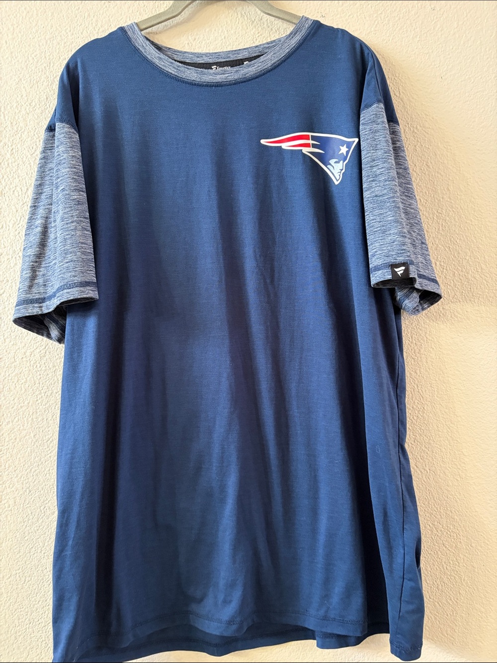 Fanatics Navy Blue Short Sleeve Patriots Tee with Heather Sleeves